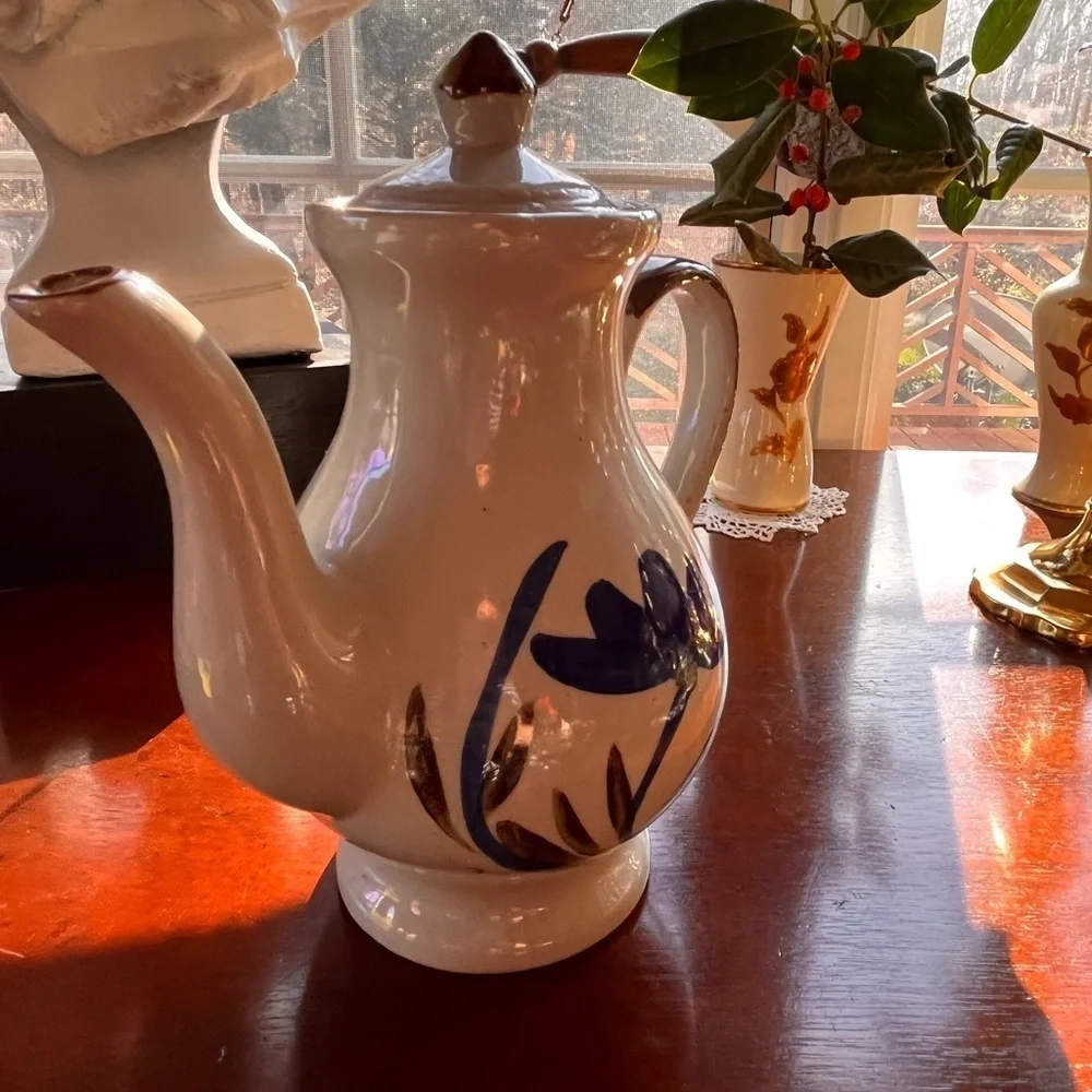 Vintage Pottery Coffee Pot Folk Art Blue Flower Tea Pot Chocolate Pot